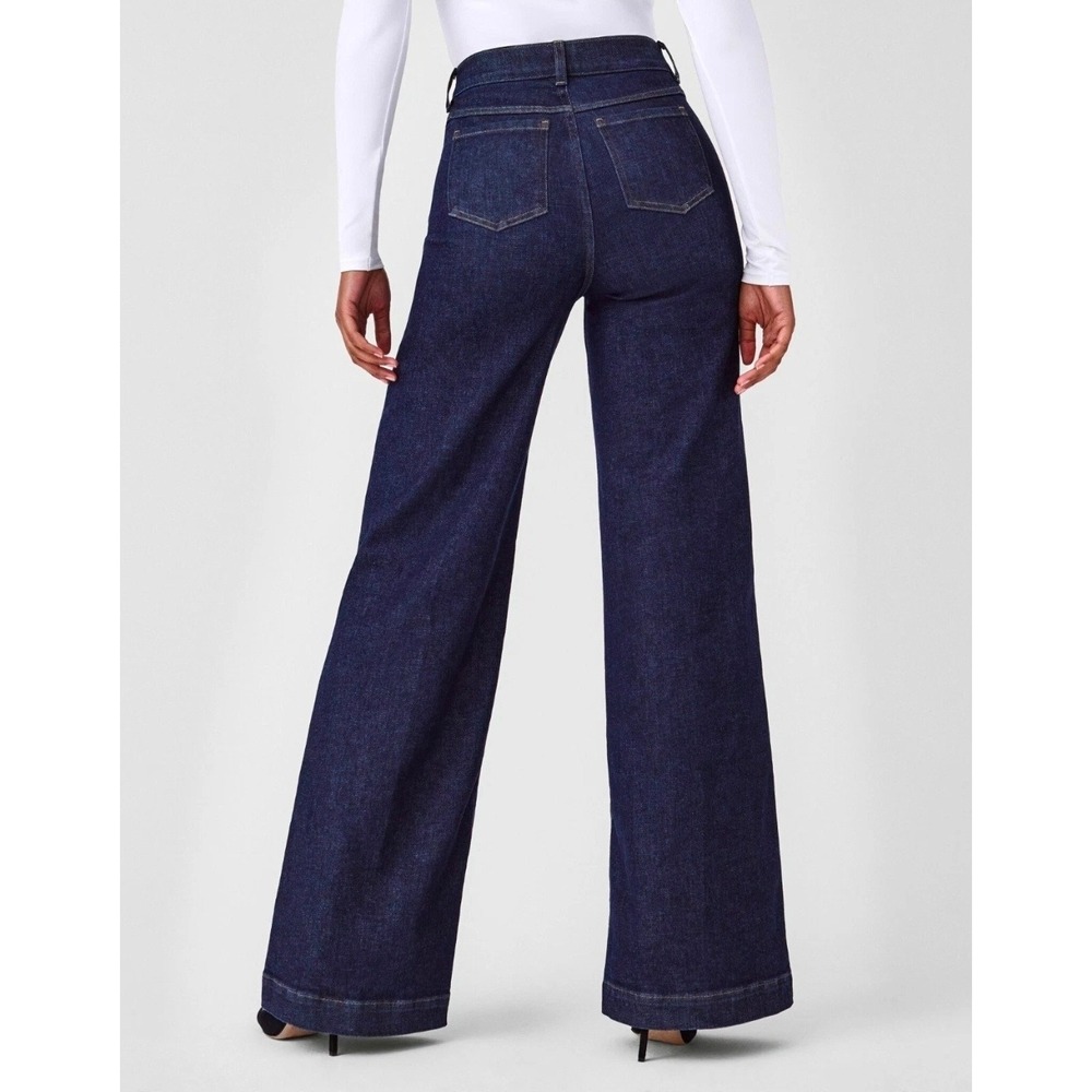 Spanx Flare Jeans Raw Indigo Dark Wash High Rise Pull On 21288R Large Regular - Picture 2 of 9